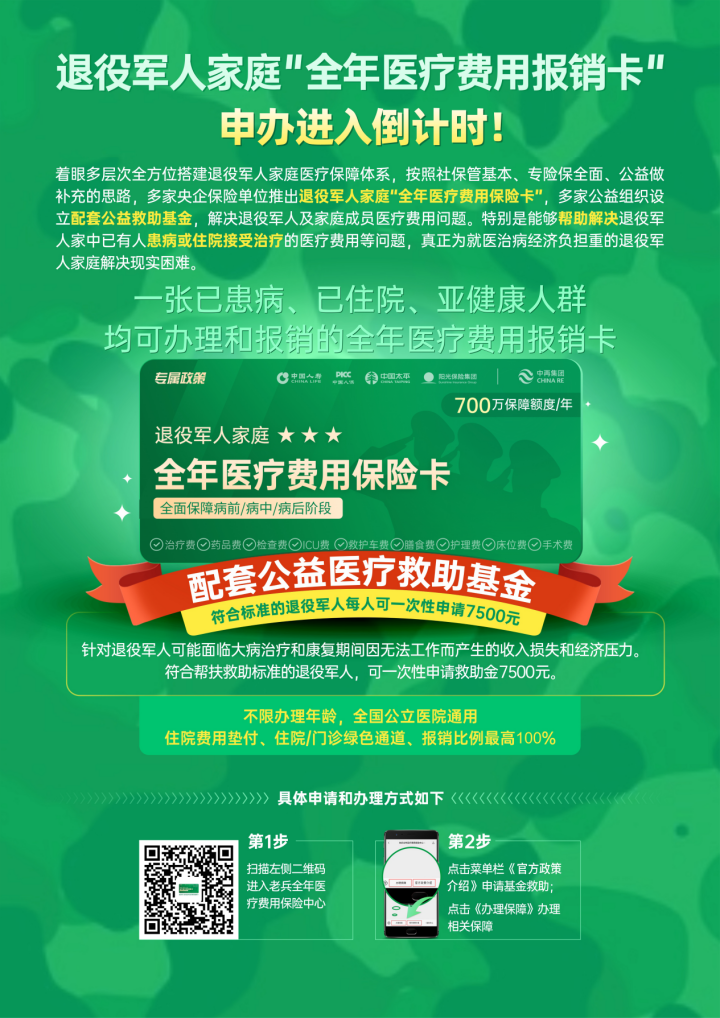 事关退役军人家庭全年医疗费用报销，项目正在推进中！